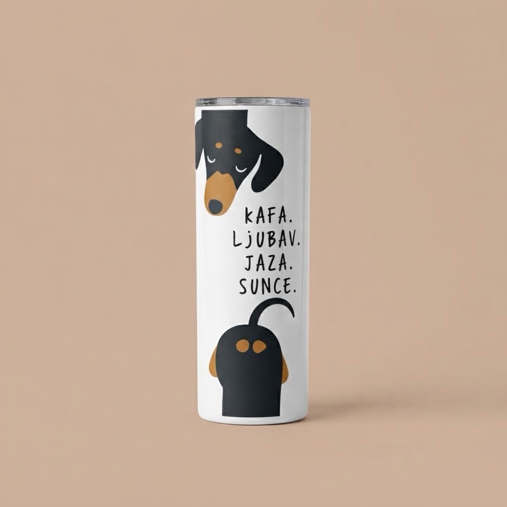Beli tumbler sa slamčicom, crtežom jazavičara i natpisom Kafa Ljubav Jaza Sunce